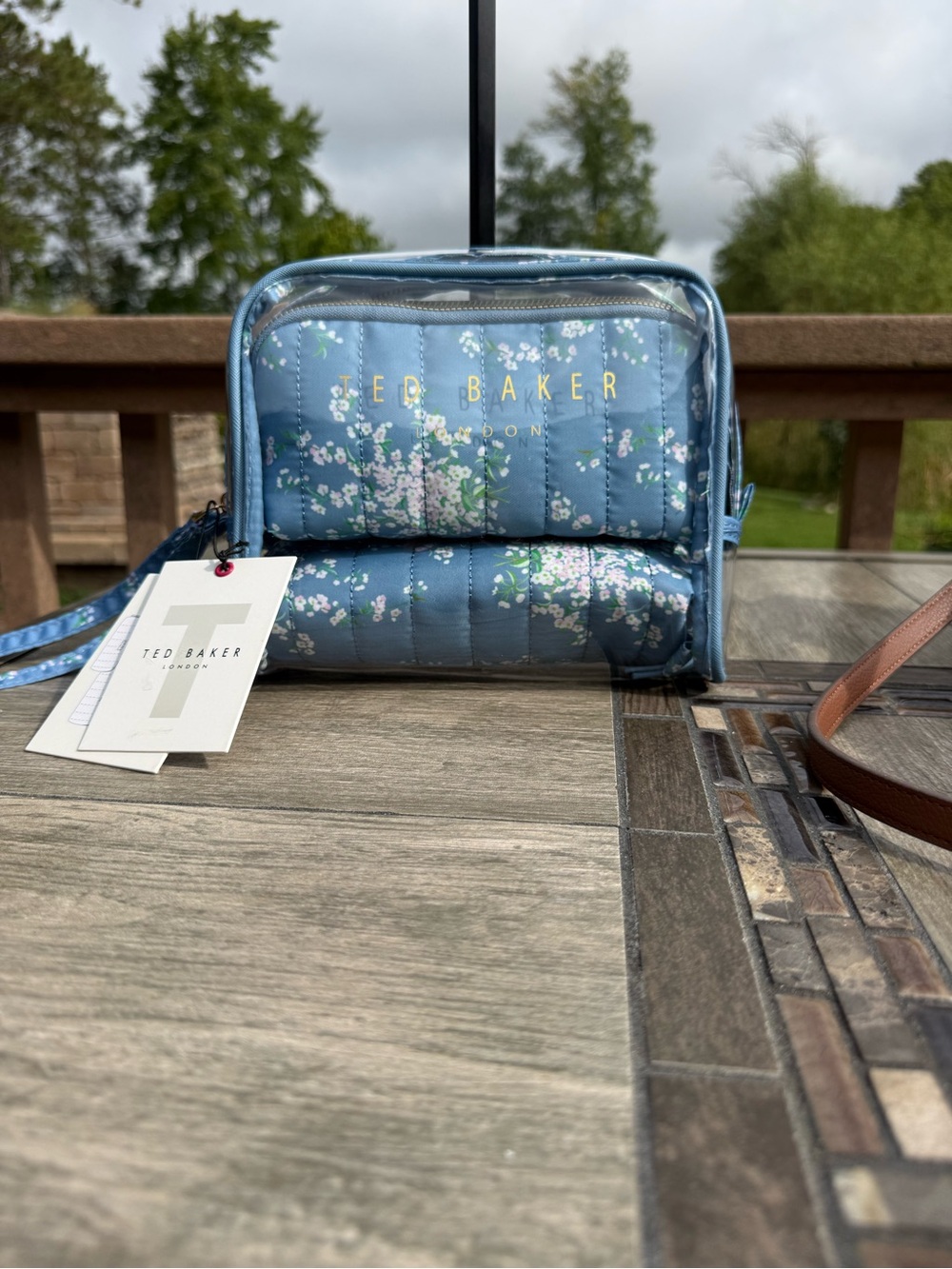 NWT Ted Baker 3 pc Light Blue Quilted Floral Cosmetic Bags Travel